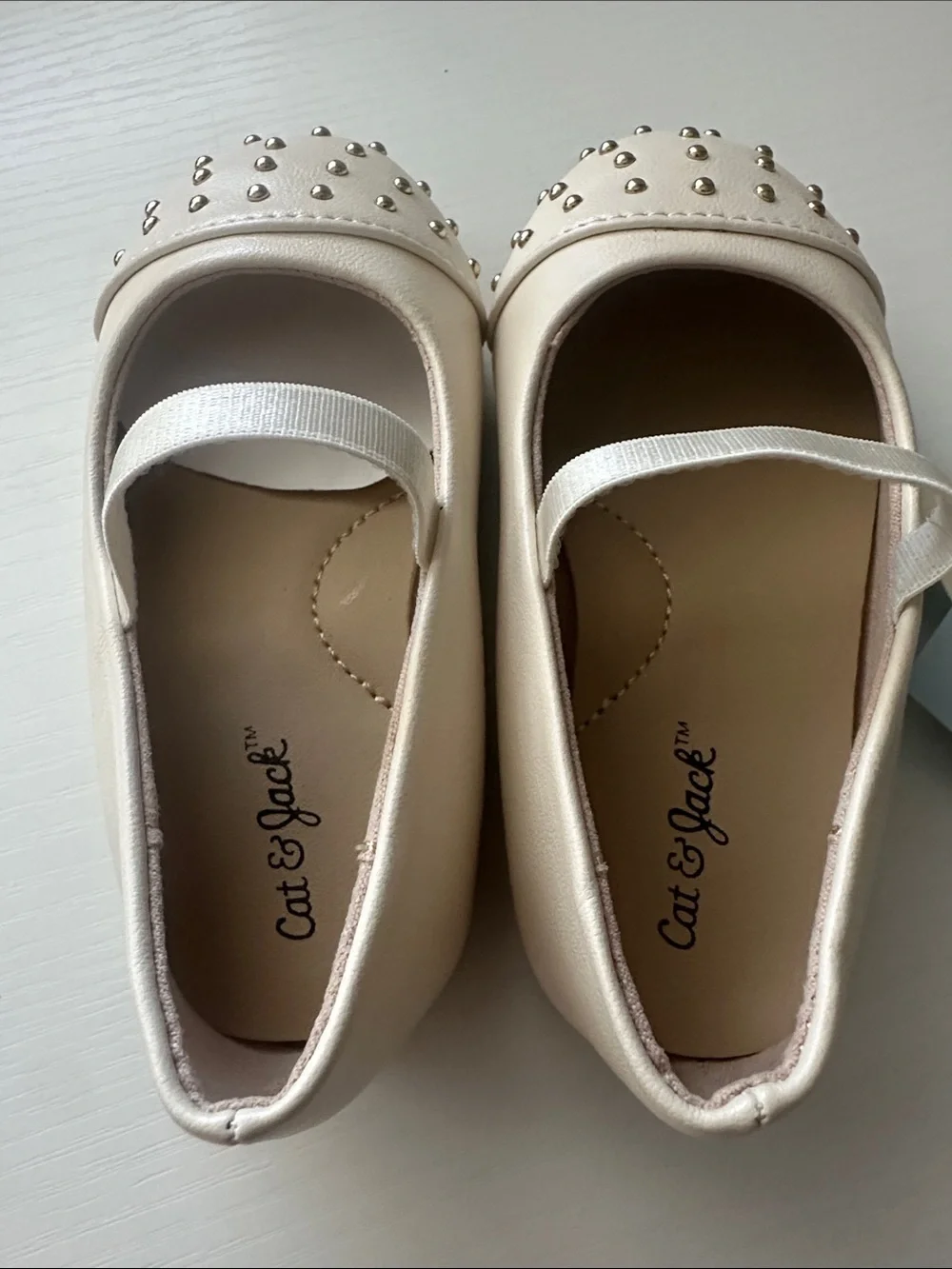 Girls Cream Mary Jane Flats with Gold Studs